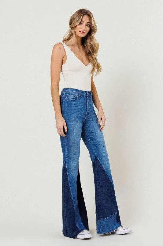 Womens Color Block Side Slit Flare Jeans