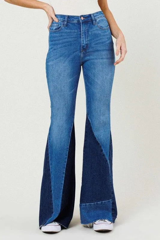 Womens Color Block Side Slit Flare Jeans