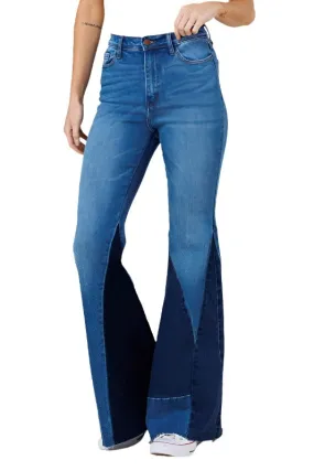 Womens Color Block Side Slit Flare Jeans