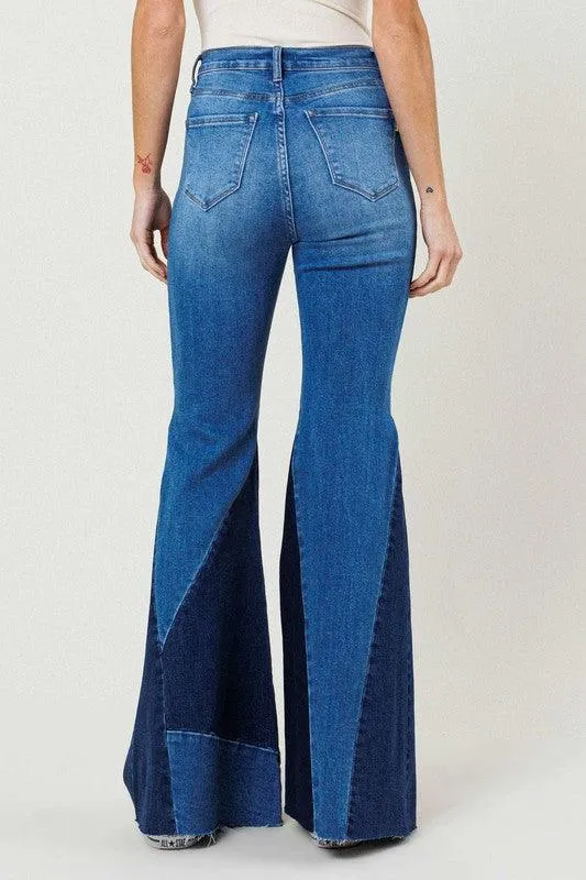 Womens Color Block Side Slit Flare Jeans