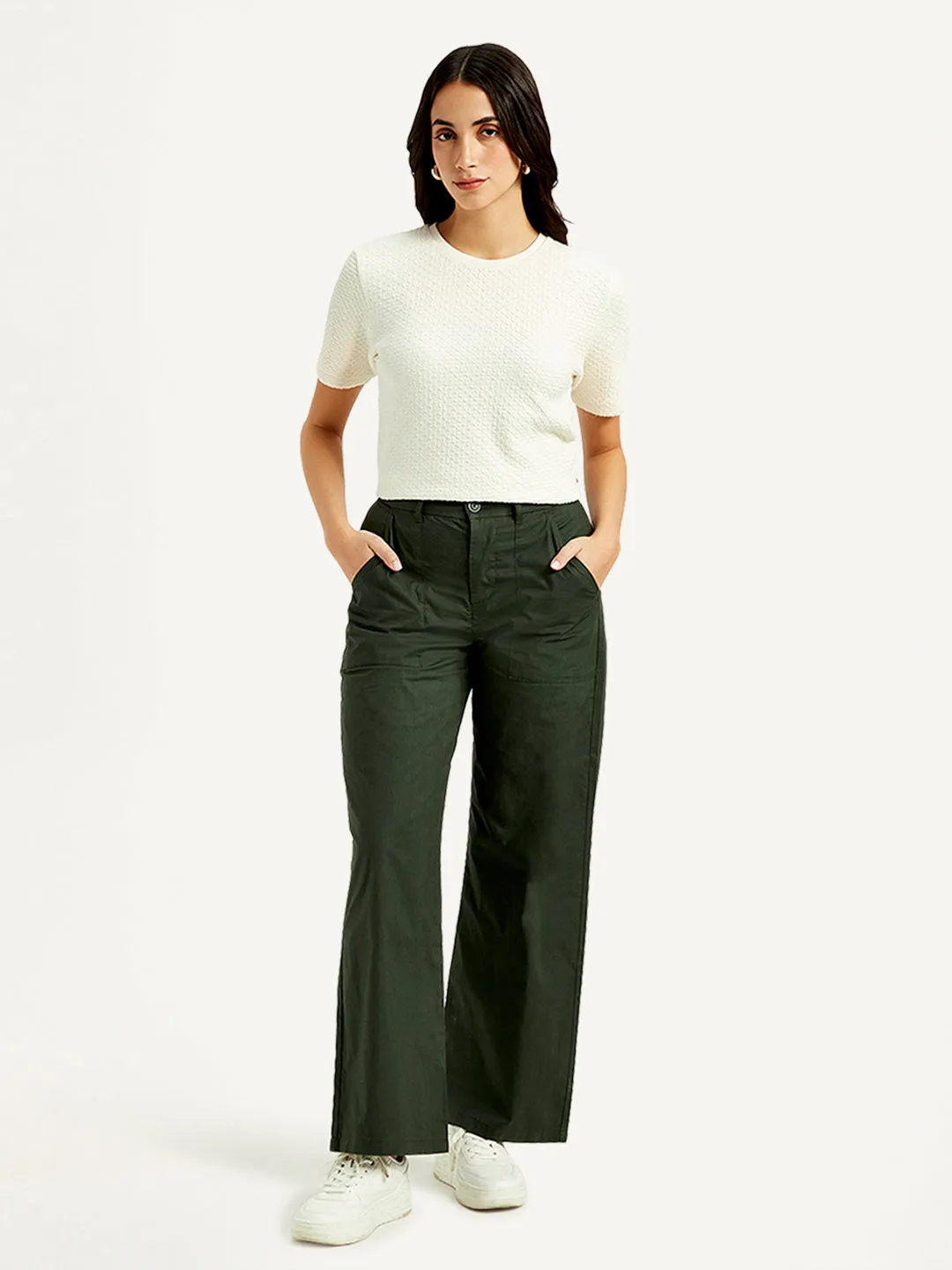 Women's High Rise Olive Straight Fit Trousers