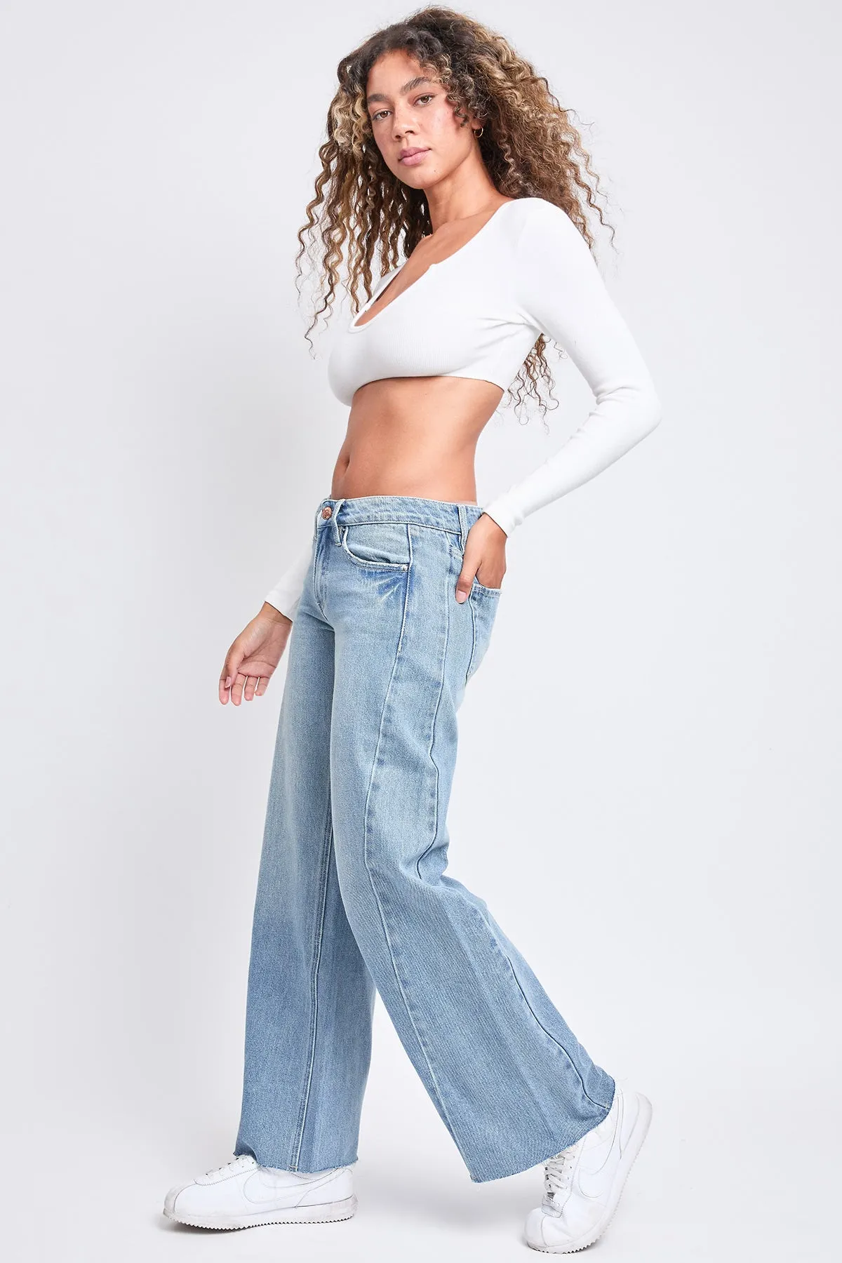 Women's Mid Rise Rigid Detailed Wide Leg Jeans