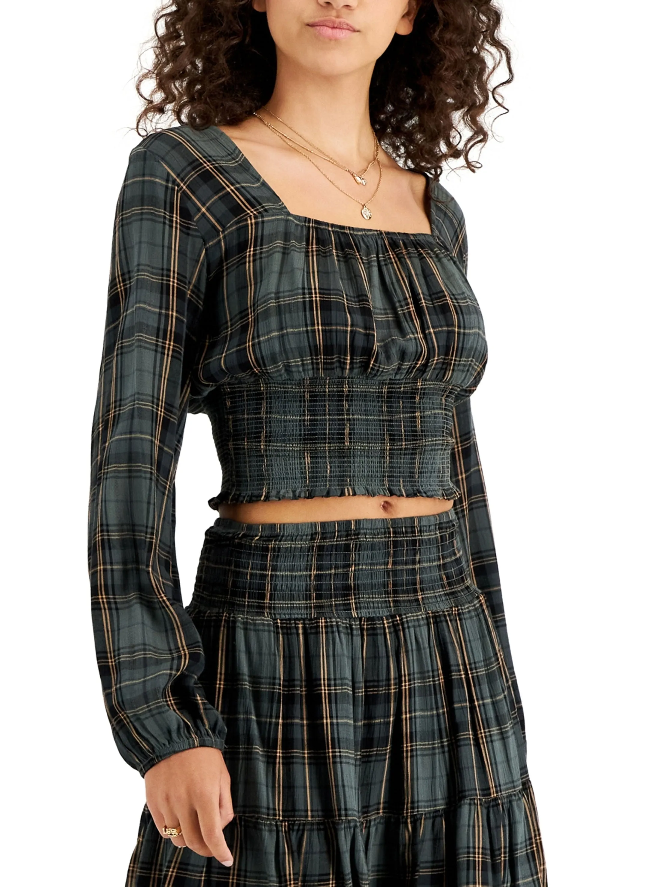 Women's Plaid Square-Neck Croped Top,Green