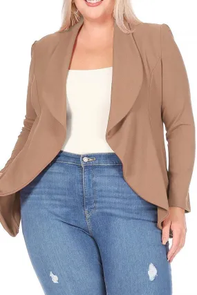 Women's Plus Size Solid Long Sleeve Waist Length Open Front Office Blazer