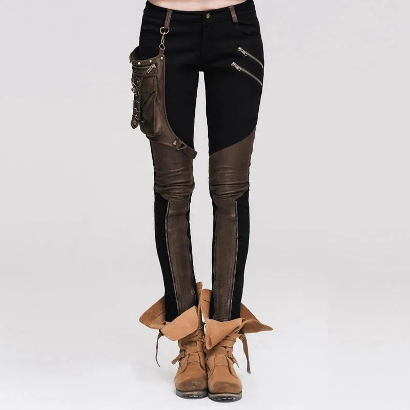 Women's Skinny Punk Pants With Leather Patches