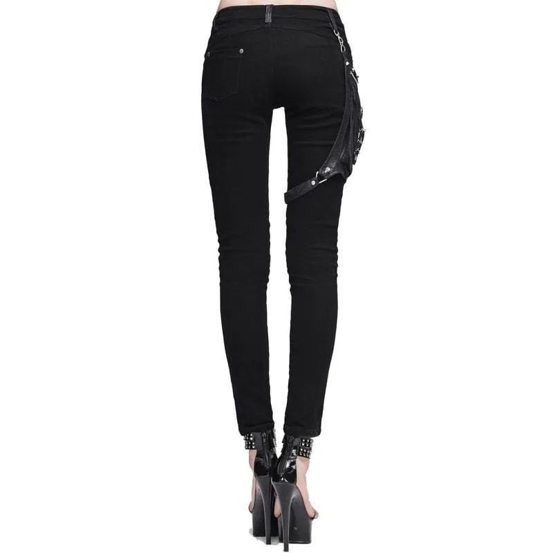 Women's Skinny Punk Pants With Leather Patches