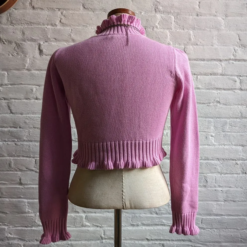 Y2K Pastel Pink Ruffled Knit Sweater Kawaii Cropped Fairycore Coquette Twee Top