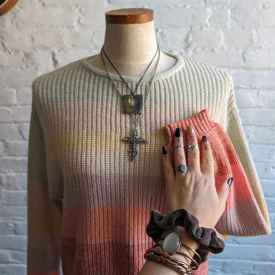 Y2K Retro Chunky Knit Pastel Stripe Sweater Kawaii Minimalist Ombre Rainbow Top