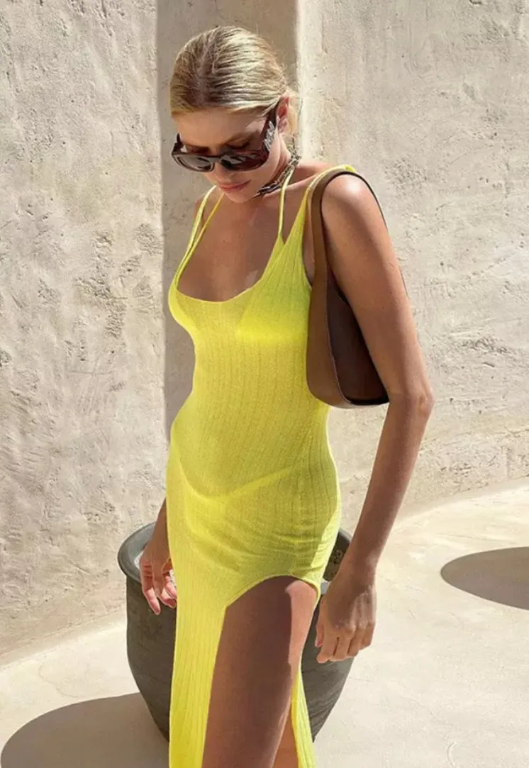 Yellow Knit Side Split Midaxi Dress